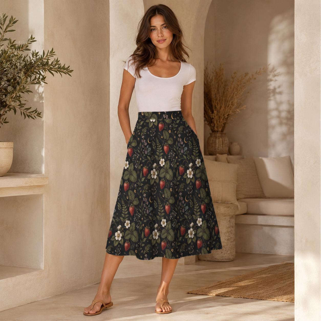 Vintage Style Strawberry Floral Midi Skirt, High Waist Garden Print Summer Dress
