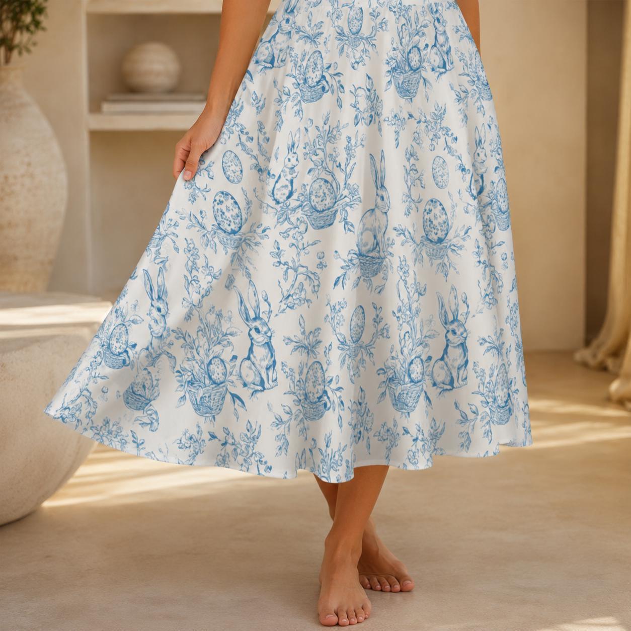 Blue Toile Easter Bunny Midi Skirt, High Waist A-Line, Pockets, Cottagecore Garden Outfits
