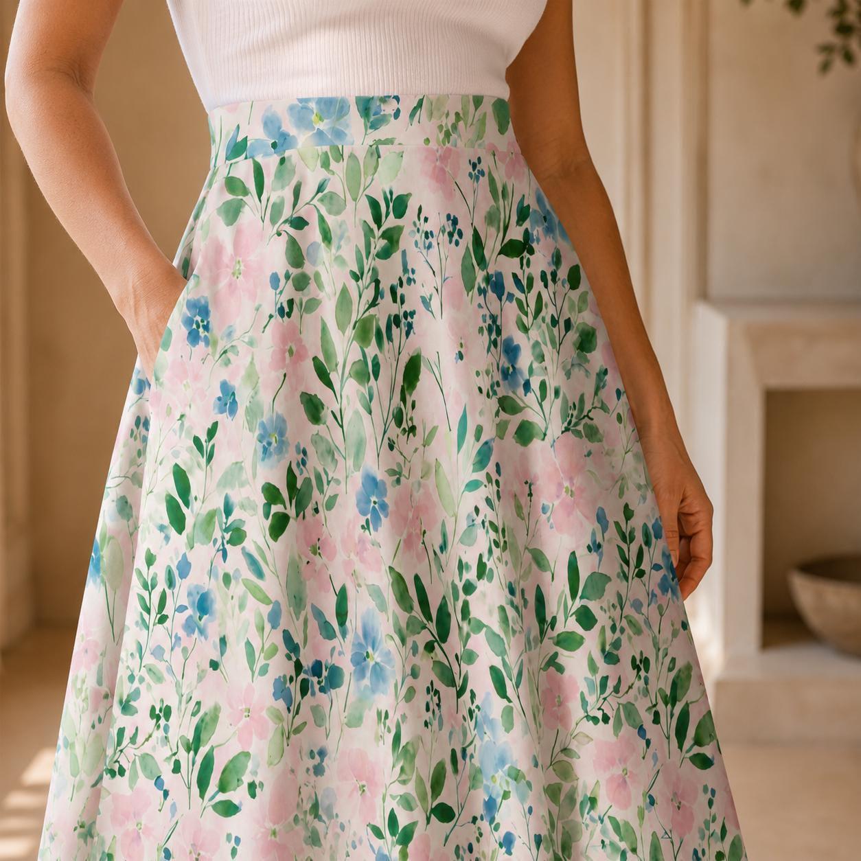 Pink Watercolor Floral Midi Skirt, High Waist Flowy Garden Print, Cottagecore Spring Brunch Style