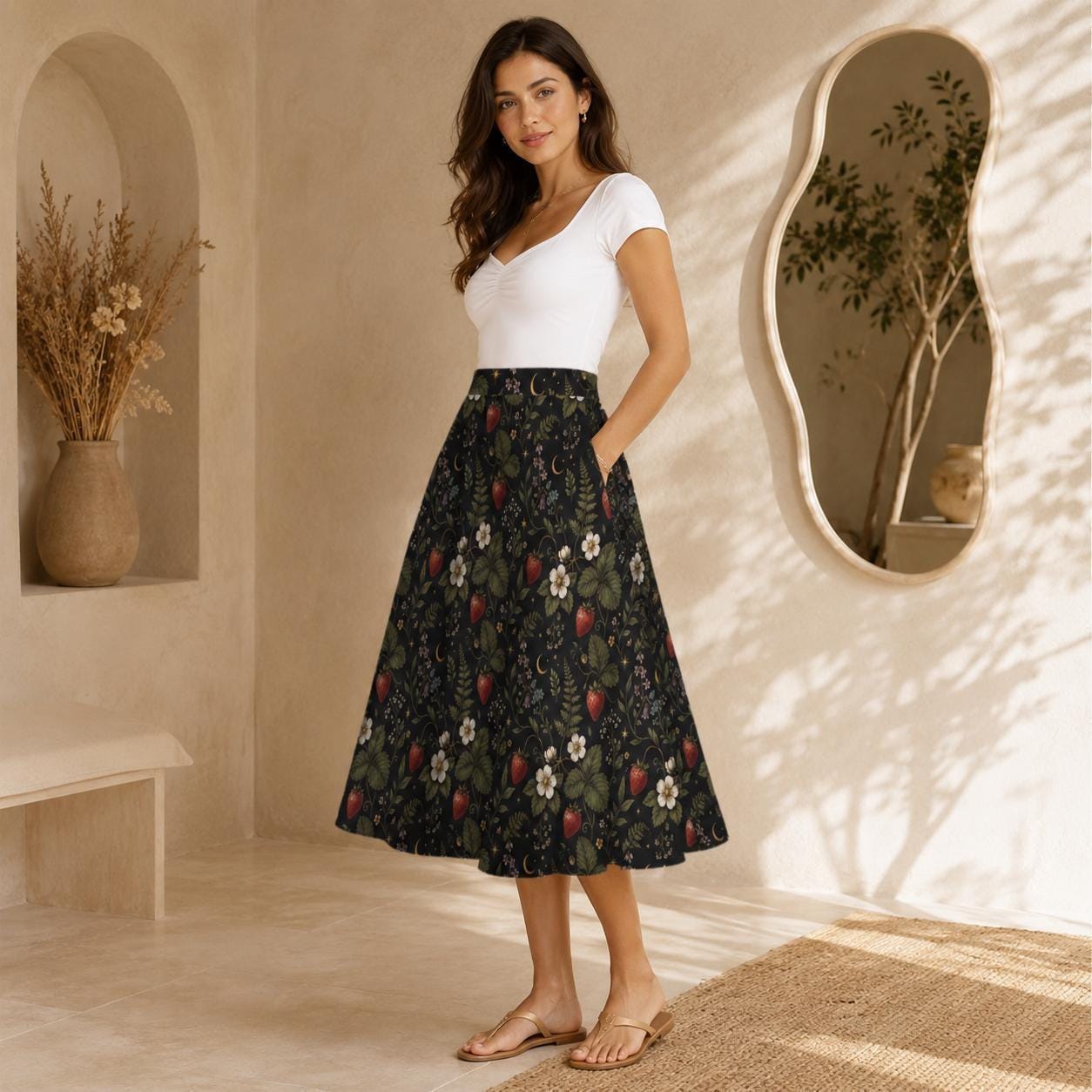 Vintage Style Strawberry Floral Midi Skirt, High Waist Garden Print Summer Dress
