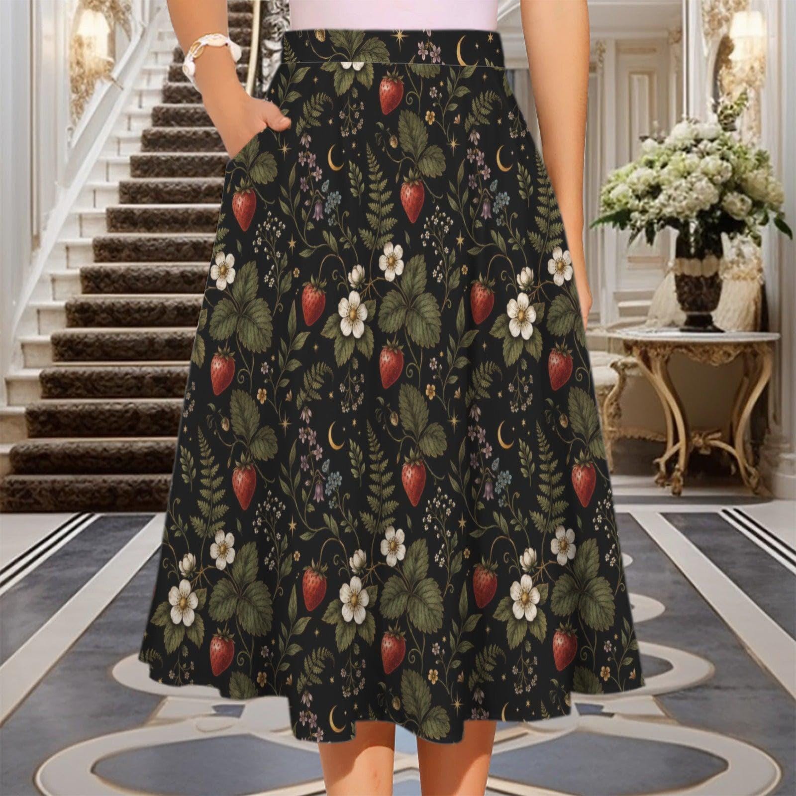 Vintage Style Strawberry Floral Midi Skirt, High Waist Garden Print Summer Dress