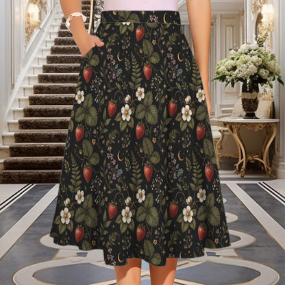 Vintage Style Strawberry Floral Midi Skirt, High Waist Garden Print Summer Dress