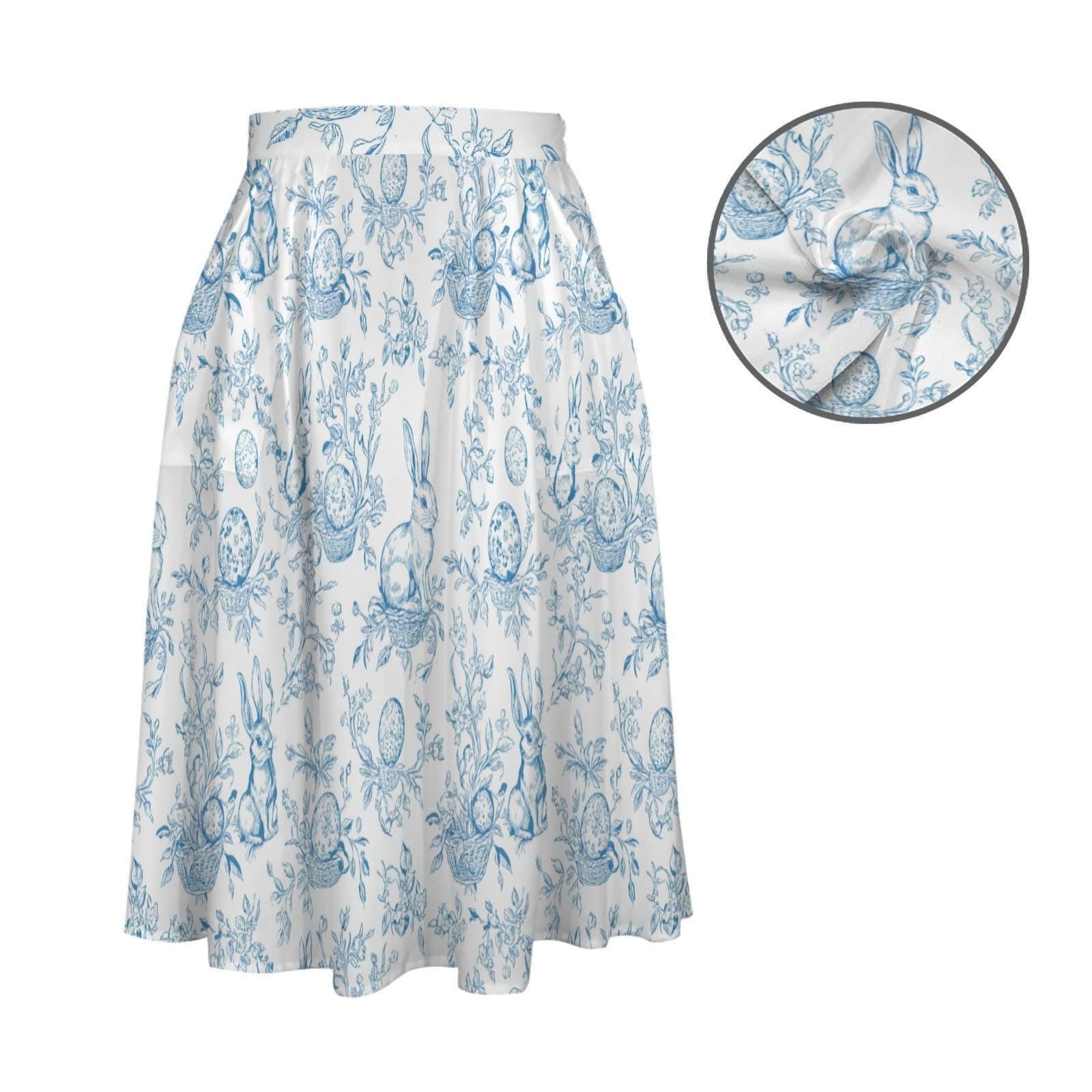 Blue Toile Easter Bunny Midi Skirt, High Waist A-Line, Pockets, Cottagecore Garden Outfits