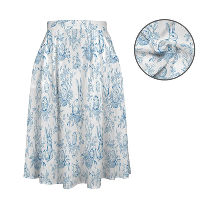 Blue Toile Easter Bunny Midi Skirt, High Waist A-Line, Pockets, Cottagecore Garden Outfits