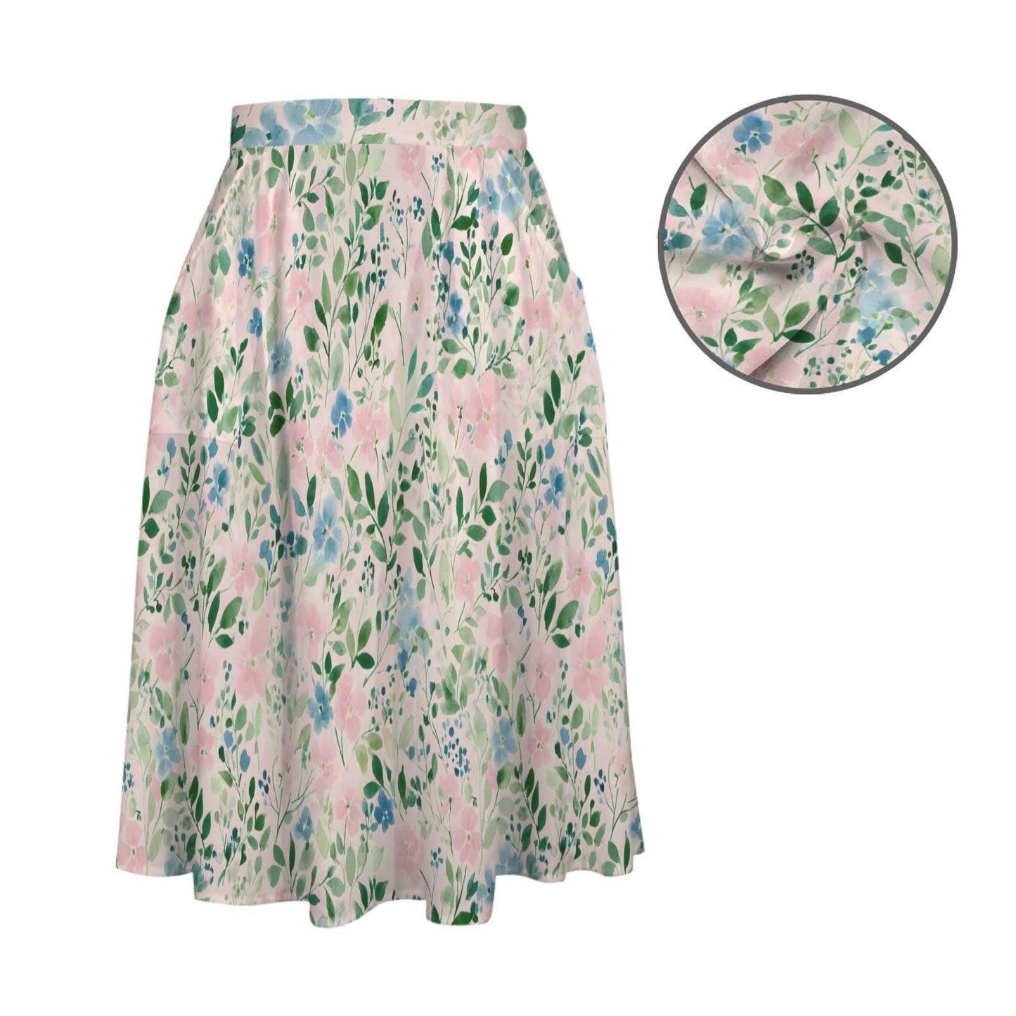 Pink Watercolor Floral Midi Skirt, High Waist Flowy Garden Print, Cottagecore Spring Brunch Style