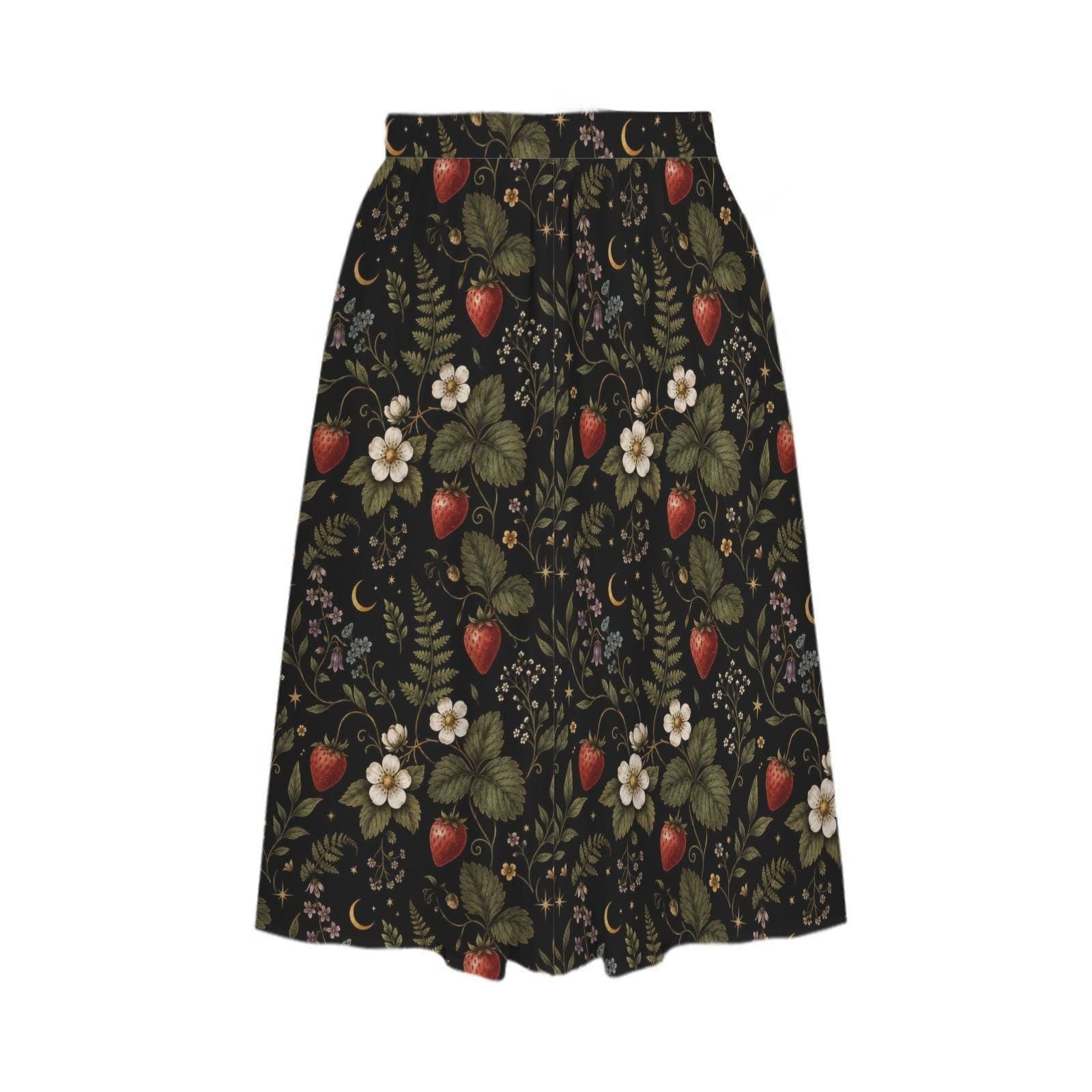 Vintage Style Strawberry Floral Midi Skirt, High Waist Garden Print Summer Dress