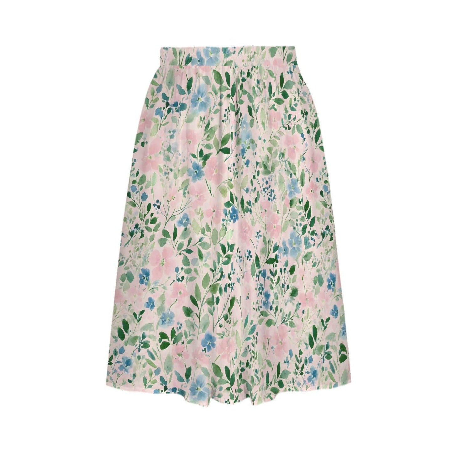 Pink Watercolor Floral Midi Skirt, High Waist Flowy Garden Print, Cottagecore Spring Brunch Style