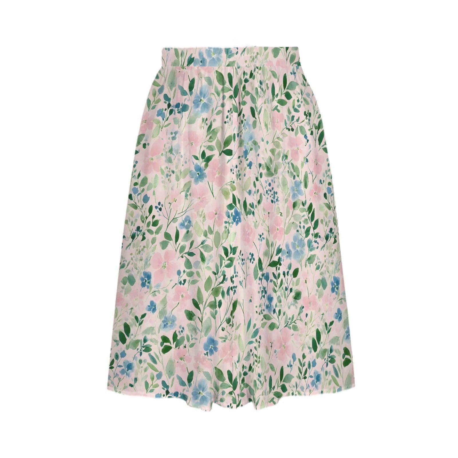 Pink Watercolor Floral Midi Skirt, High Waist Flowy Garden Print, Cottagecore Spring Brunch Style