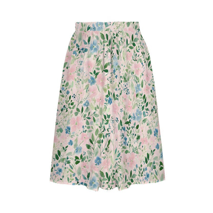 Pink Watercolor Floral Midi Skirt, High Waist Flowy Garden Print, Cottagecore Spring Brunch Style