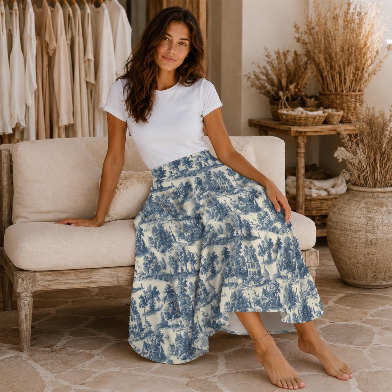 Blue Toile Maxi Skirt With Pockets, Scenic Cottage Print, High Waist Flowy Summer Style