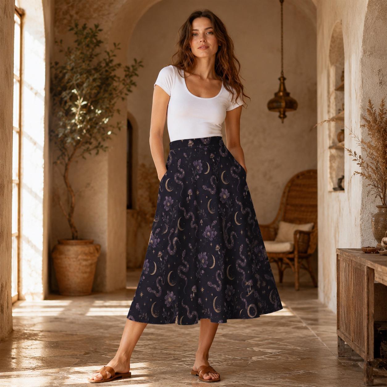 Celestial Moon Midi Skirt, Navy Floral High Waist, Flowy Witchy Boho Style
