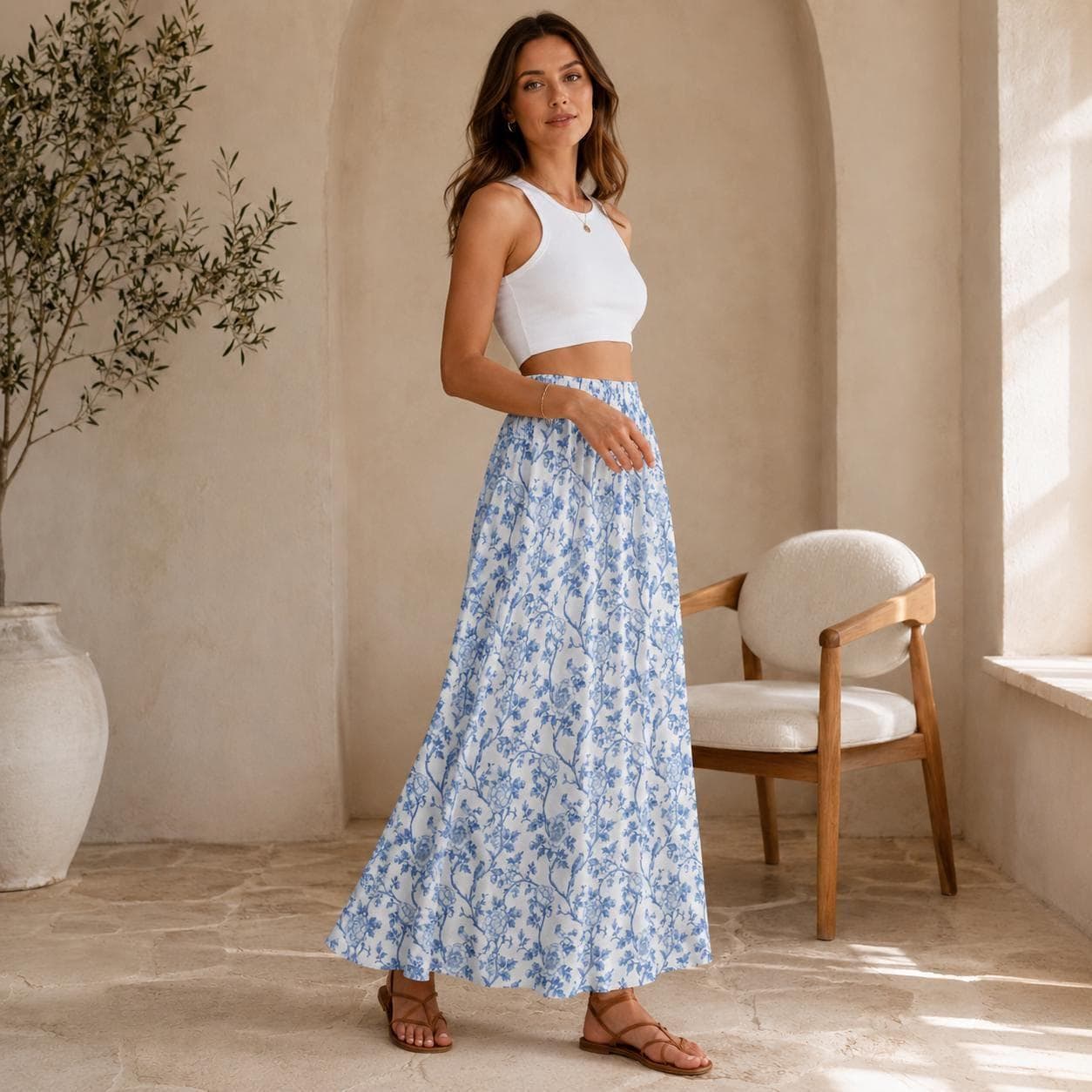 Blue Toile Maxi Skirt, Porcelain Floral Print, Vintage Garden, Cottagecore Summer Vacation