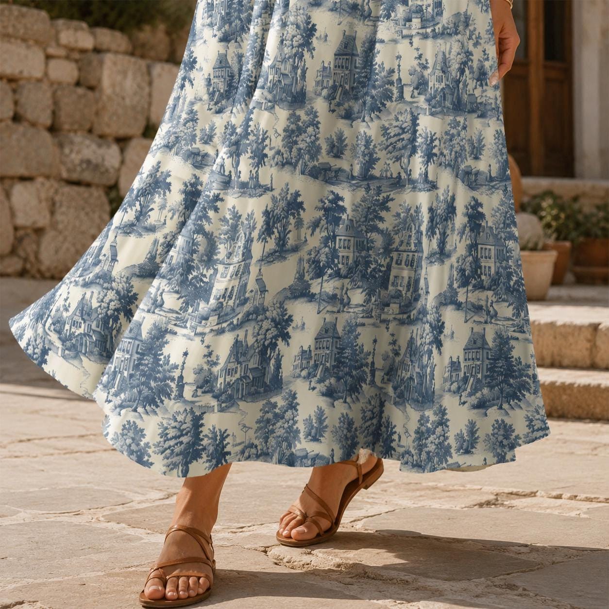 Blue Toile Maxi Skirt With Pockets, Scenic Cottage Print, High Waist Flowy Summer Style