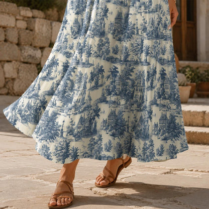 Blue Toile Maxi Skirt With Pockets, Scenic Cottage Print, High Waist Flowy Summer Style