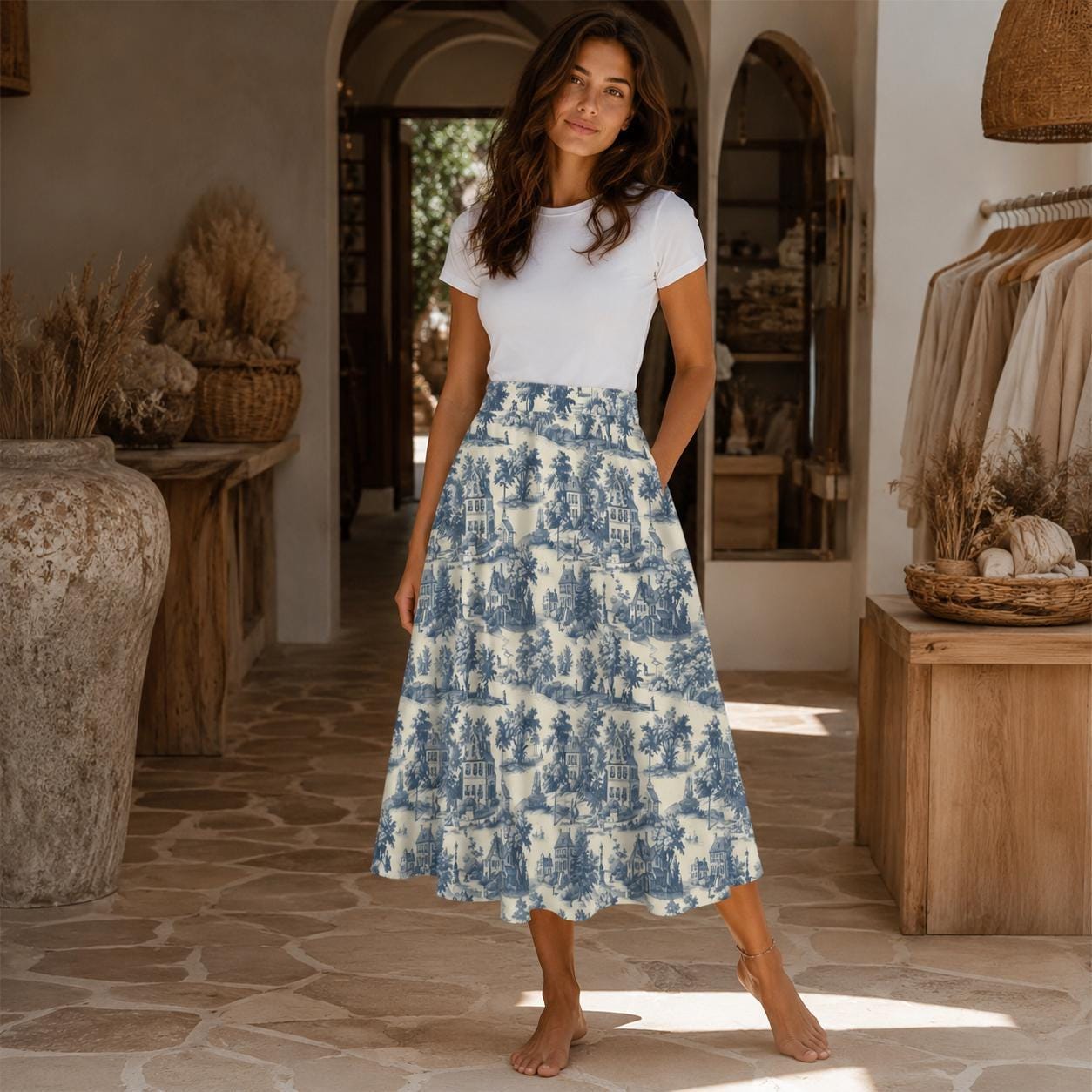 Blue Toile Maxi Skirt With Pockets, Scenic Cottage Print, High Waist Flowy Summer Style