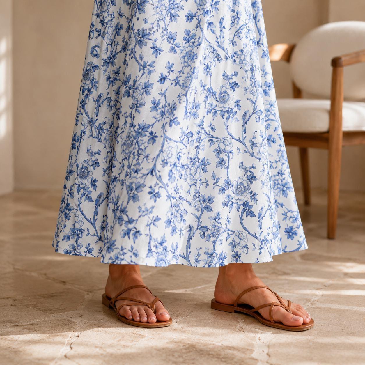 Blue Toile Maxi Skirt, Porcelain Floral Print, Vintage Garden, Cottagecore Summer Vacation