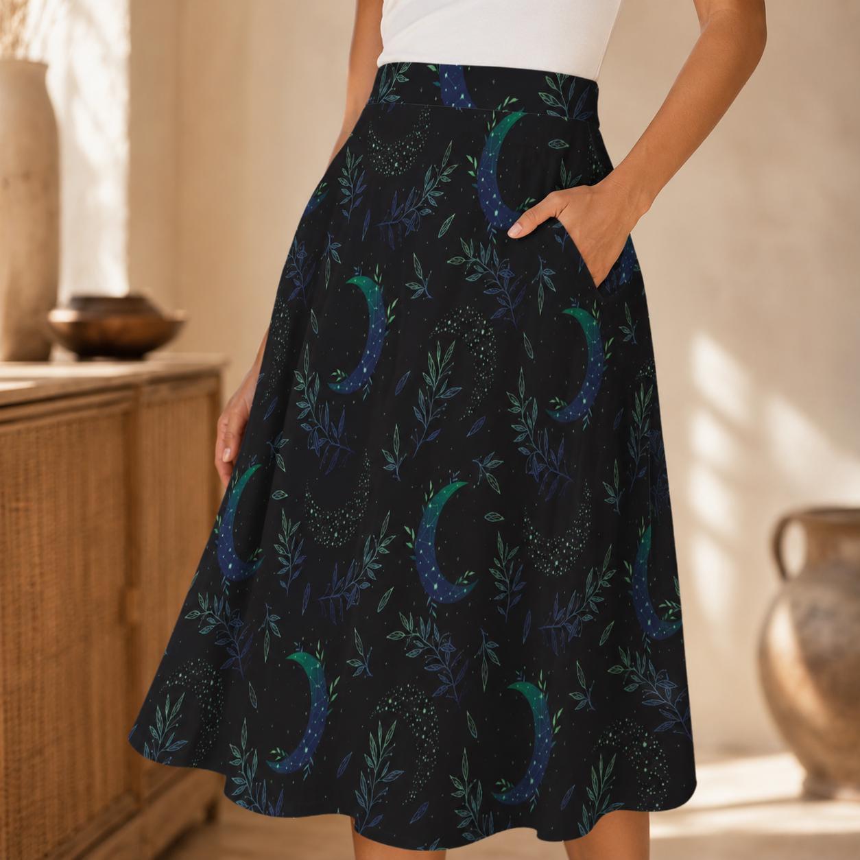 Crescent Moon Midi Skirt with Pockets, Witchy Celestial Fall Outfit