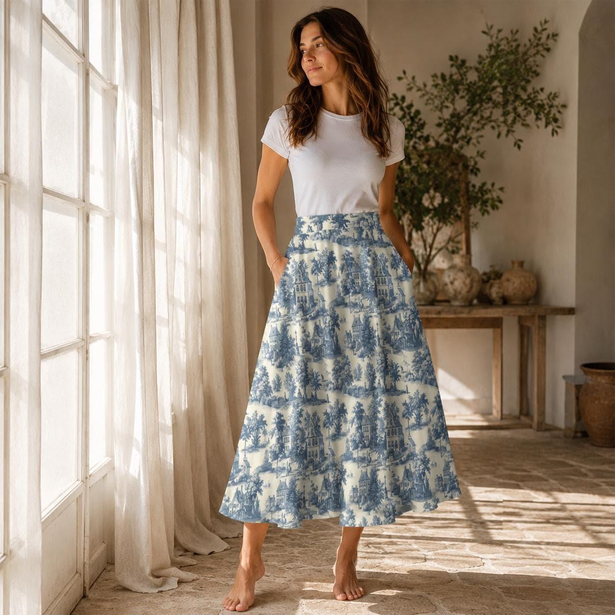 Blue Toile Maxi Skirt With Pockets, Scenic Cottage Print, High Waist Flowy Summer Style