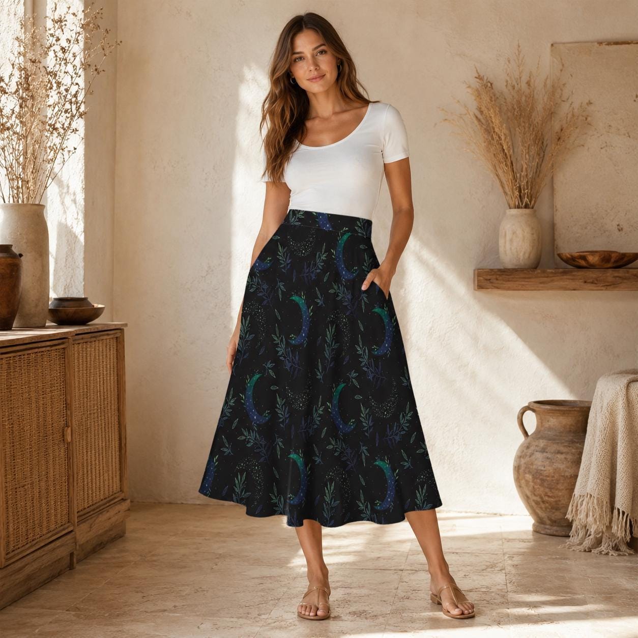Crescent Moon Midi Skirt with Pockets, Witchy Celestial Fall Outfit