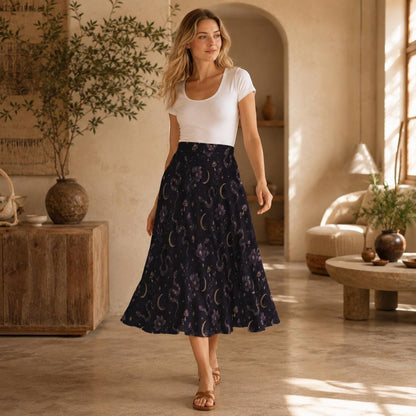 Celestial Moon Midi Skirt, Navy Floral High Waist, Flowy Witchy Boho Style