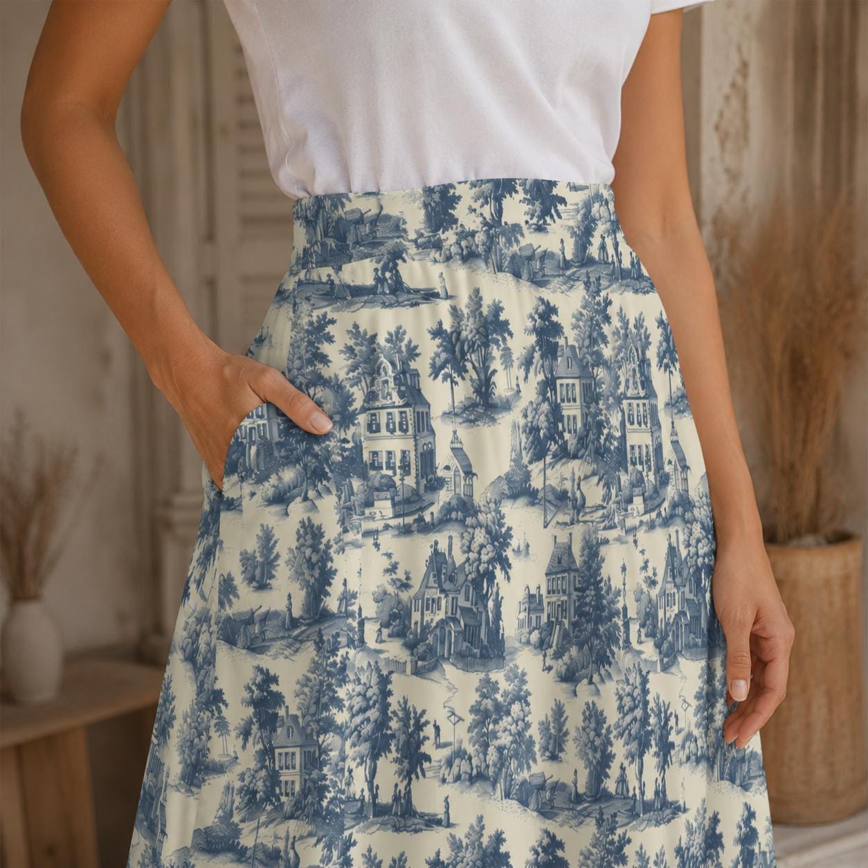 Blue Toile Maxi Skirt With Pockets, Scenic Cottage Print, High Waist Flowy Summer Style