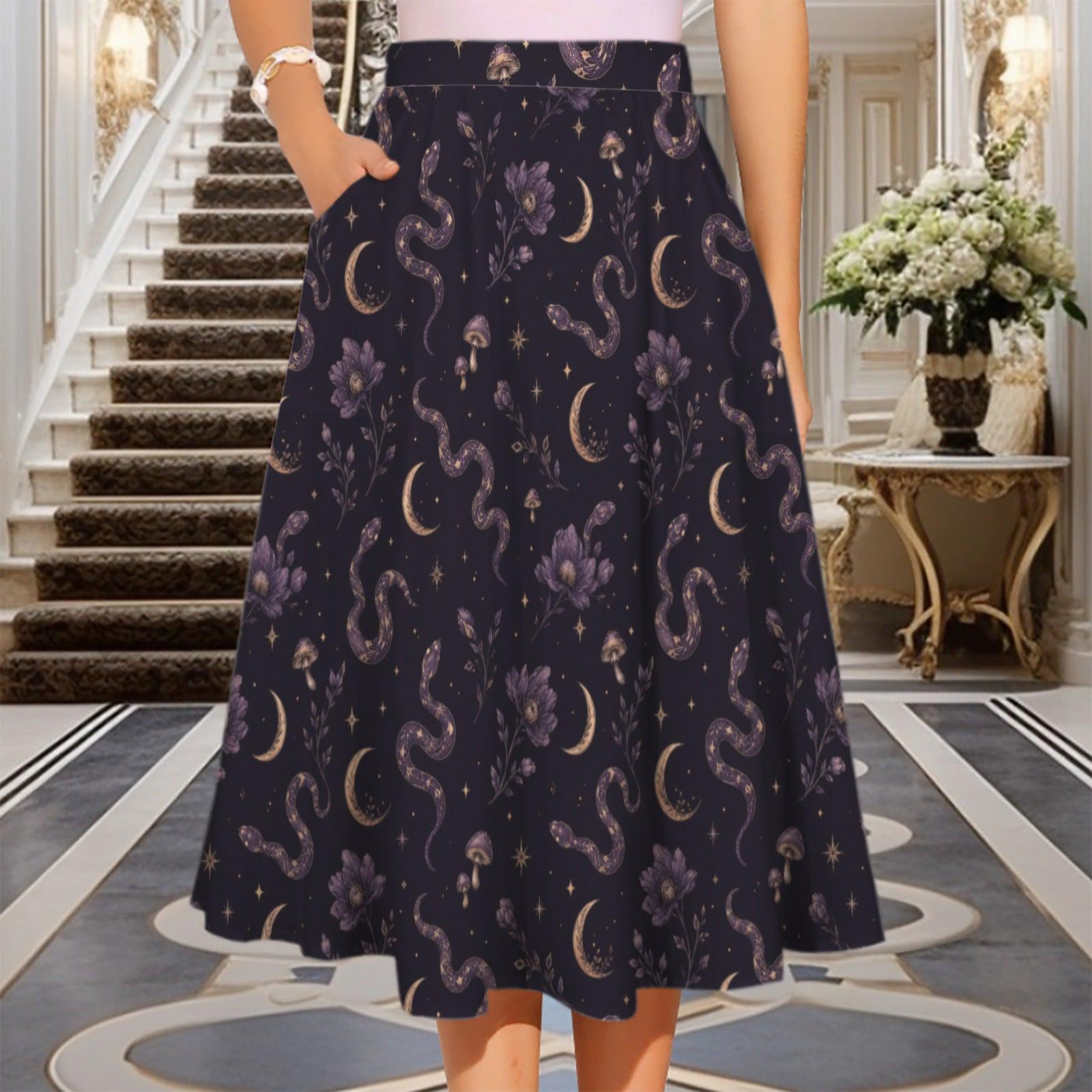 Celestial Moon Midi Skirt, Navy Floral High Waist, Flowy Witchy Boho Style