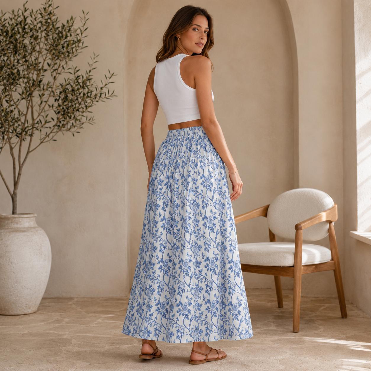 Blue Toile Maxi Skirt, Porcelain Floral Print, Vintage Garden, Cottagecore Summer Vacation