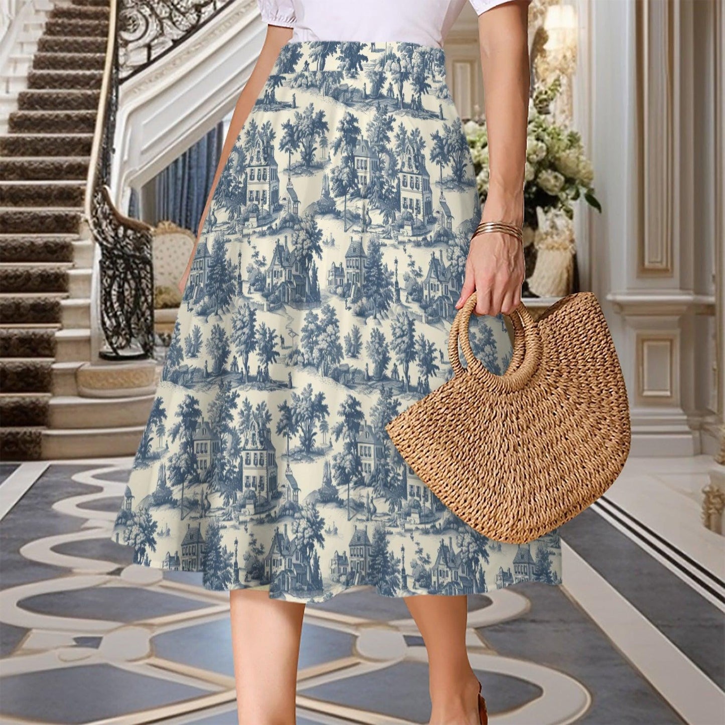 Blue Toile Maxi Skirt With Pockets, Scenic Cottage Print, High Waist Flowy Summer Style