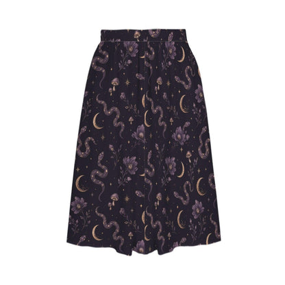 Celestial Moon Midi Skirt, Navy Floral High Waist, Flowy Witchy Boho Style