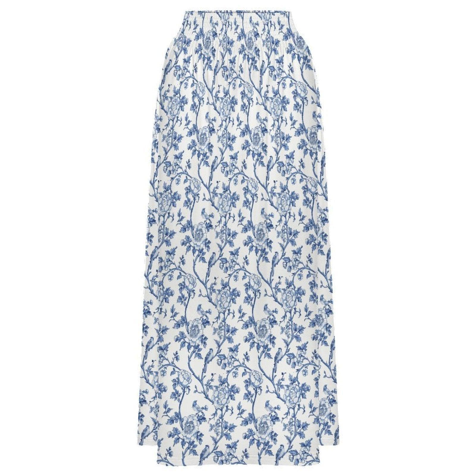 Blue Toile Maxi Skirt, Porcelain Floral Print, Vintage Garden, Cottagecore Summer Vacation