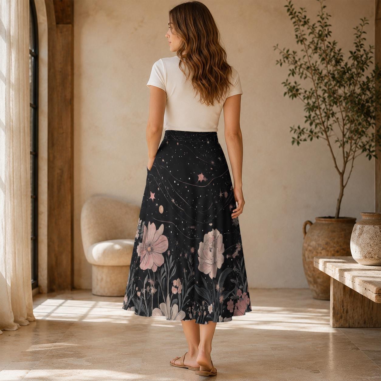 Dark Floral Midi Skirt, Pink Peony Star Print, High Waist Pockets, Cottagecore Evening Wear