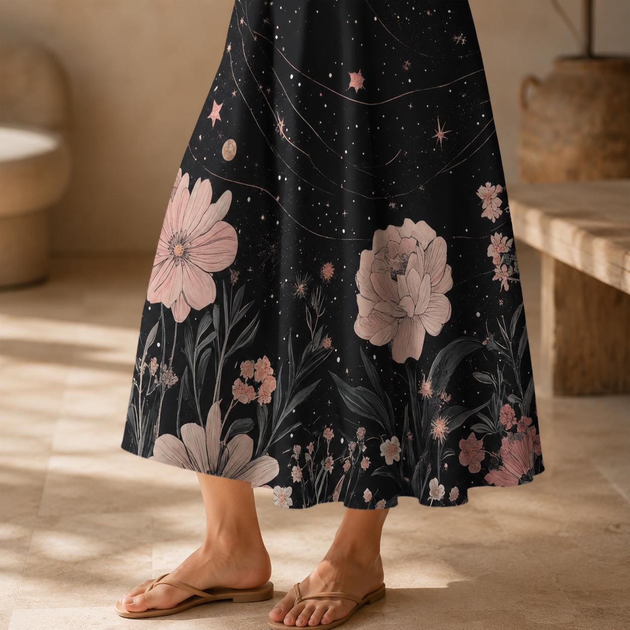 Dark Floral Midi Skirt, Pink Peony Star Print, High Waist Pockets, Cottagecore Evening Wear