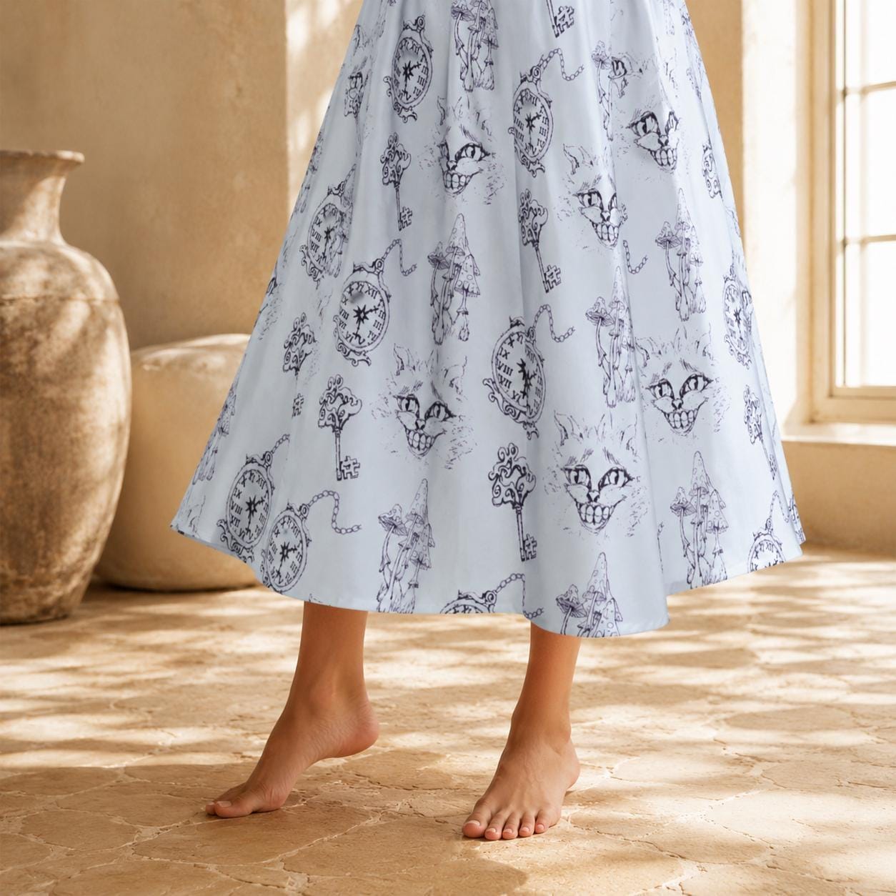 Wonderland Midi Skirt, Blue Toile Cheshire Cat Print, Cottagecore A Line Skirt