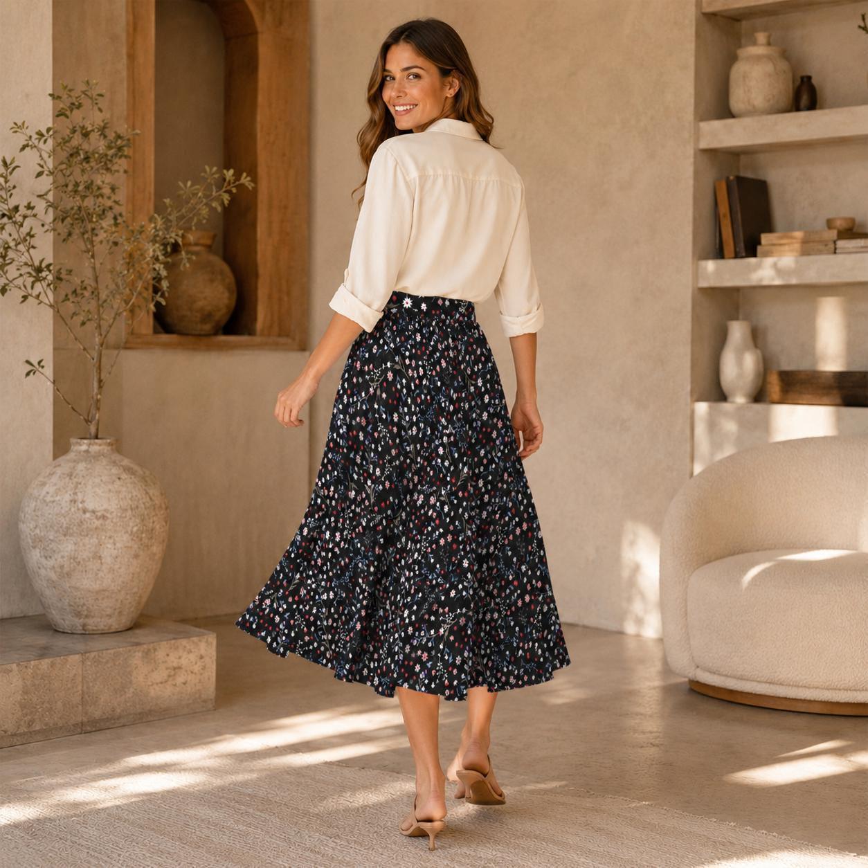 Black Ditsy Floral Midi Skirt, High Waist A Line, Pockets, Wildflower Print