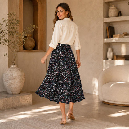 Black Ditsy Floral Midi Skirt, High Waist A Line, Pockets, Wildflower Print