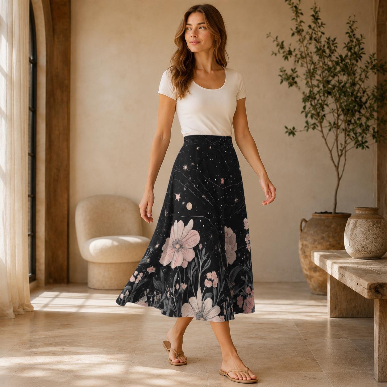 Dark Floral Midi Skirt, Pink Peony Star Print, High Waist Pockets, Cottagecore Evening Wear