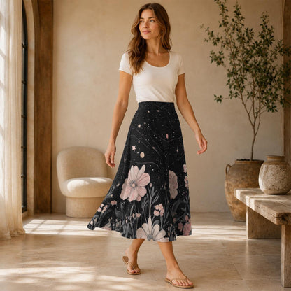 Dark Floral Midi Skirt, Pink Peony Star Print, High Waist Pockets, Cottagecore Evening Wear