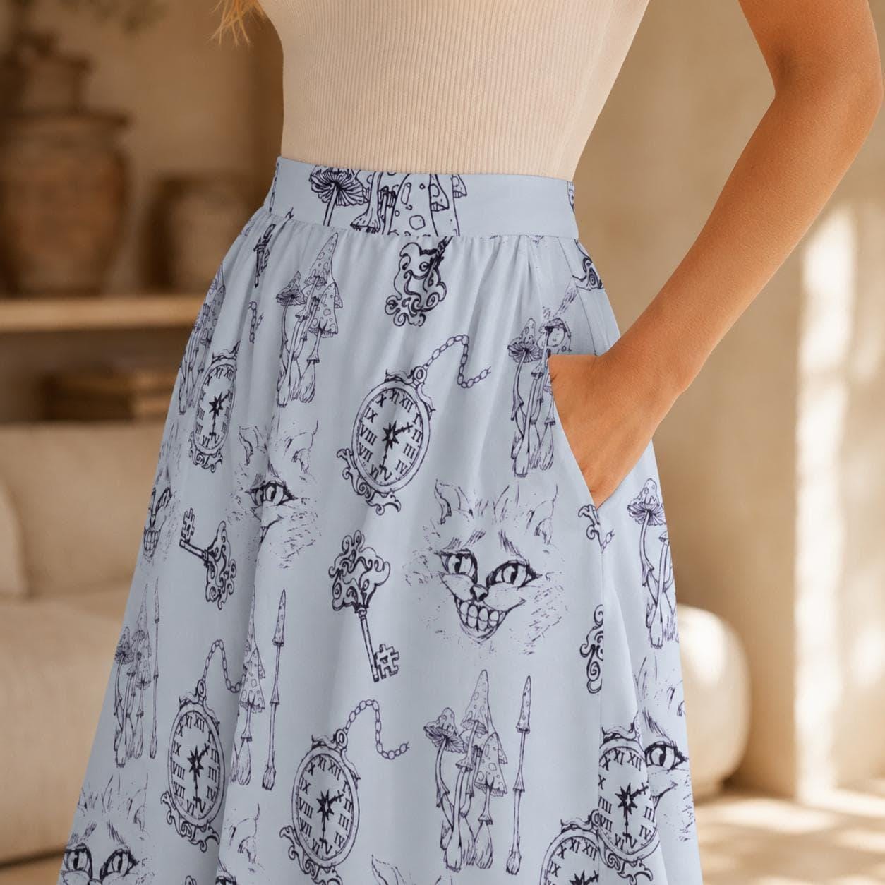 Wonderland Midi Skirt, Blue Toile Cheshire Cat Print, Cottagecore A Line Skirt