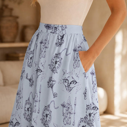 Wonderland Midi Skirt, Blue Toile Cheshire Cat Print, Cottagecore A Line Skirt