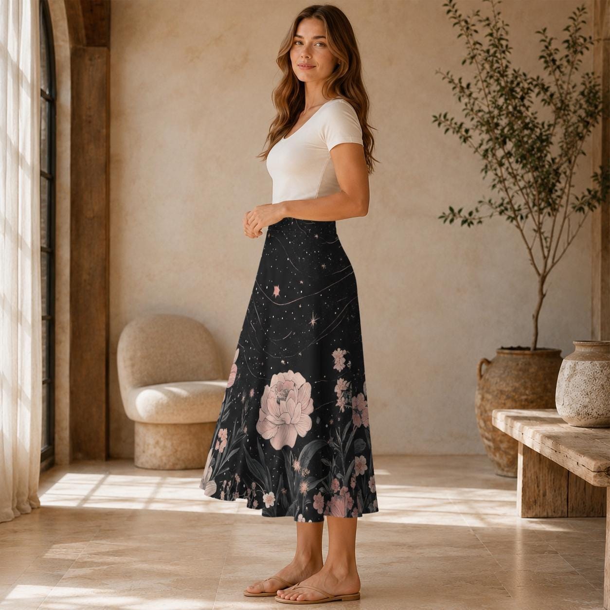 Dark Floral Midi Skirt, Pink Peony Star Print, High Waist Pockets, Cottagecore Evening Wear