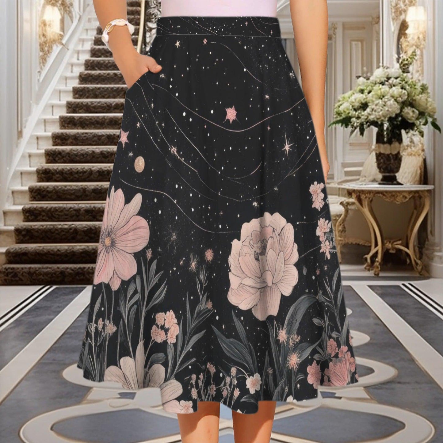 Dark Floral Midi Skirt, Pink Peony Star Print, High Waist Pockets, Cottagecore Evening Wear