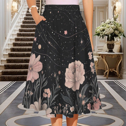 Dark Floral Midi Skirt, Pink Peony Star Print, High Waist Pockets, Cottagecore Evening Wear