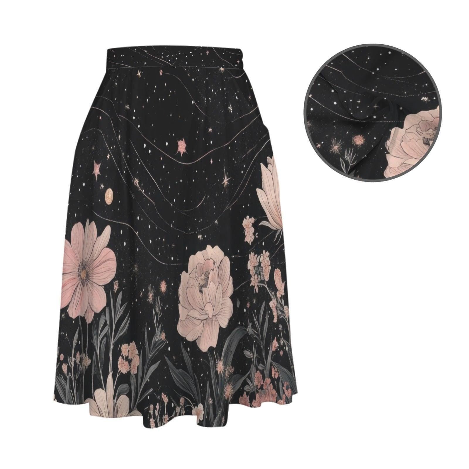 Dark Floral Midi Skirt, Pink Peony Star Print, High Waist Pockets, Cottagecore Evening Wear