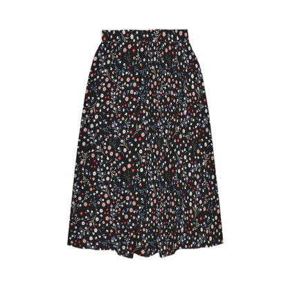 Black Ditsy Floral Midi Skirt, High Waist A Line, Pockets, Wildflower Print