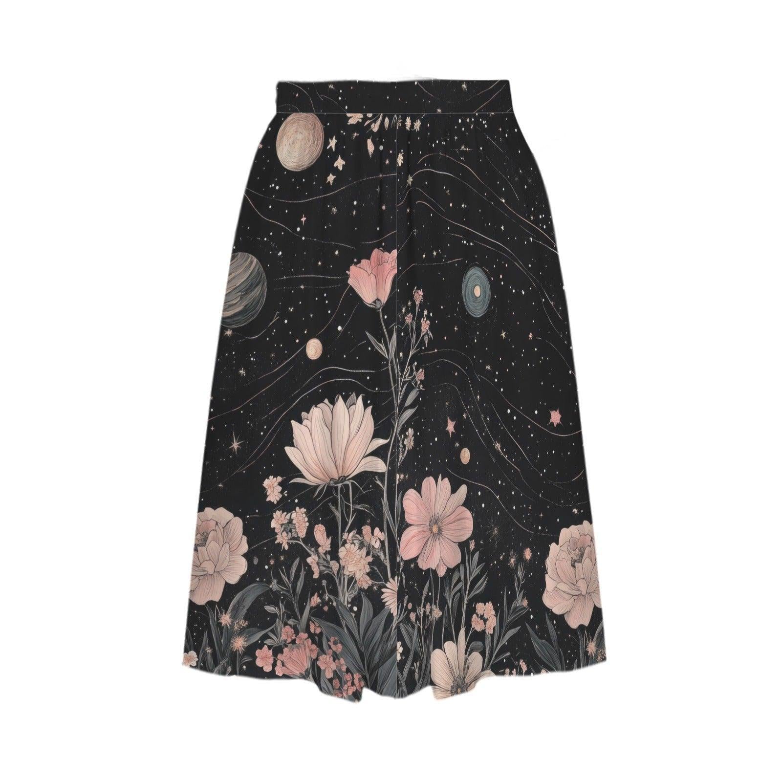 Dark Floral Midi Skirt, Pink Peony Star Print, High Waist Pockets, Cottagecore Evening Wear