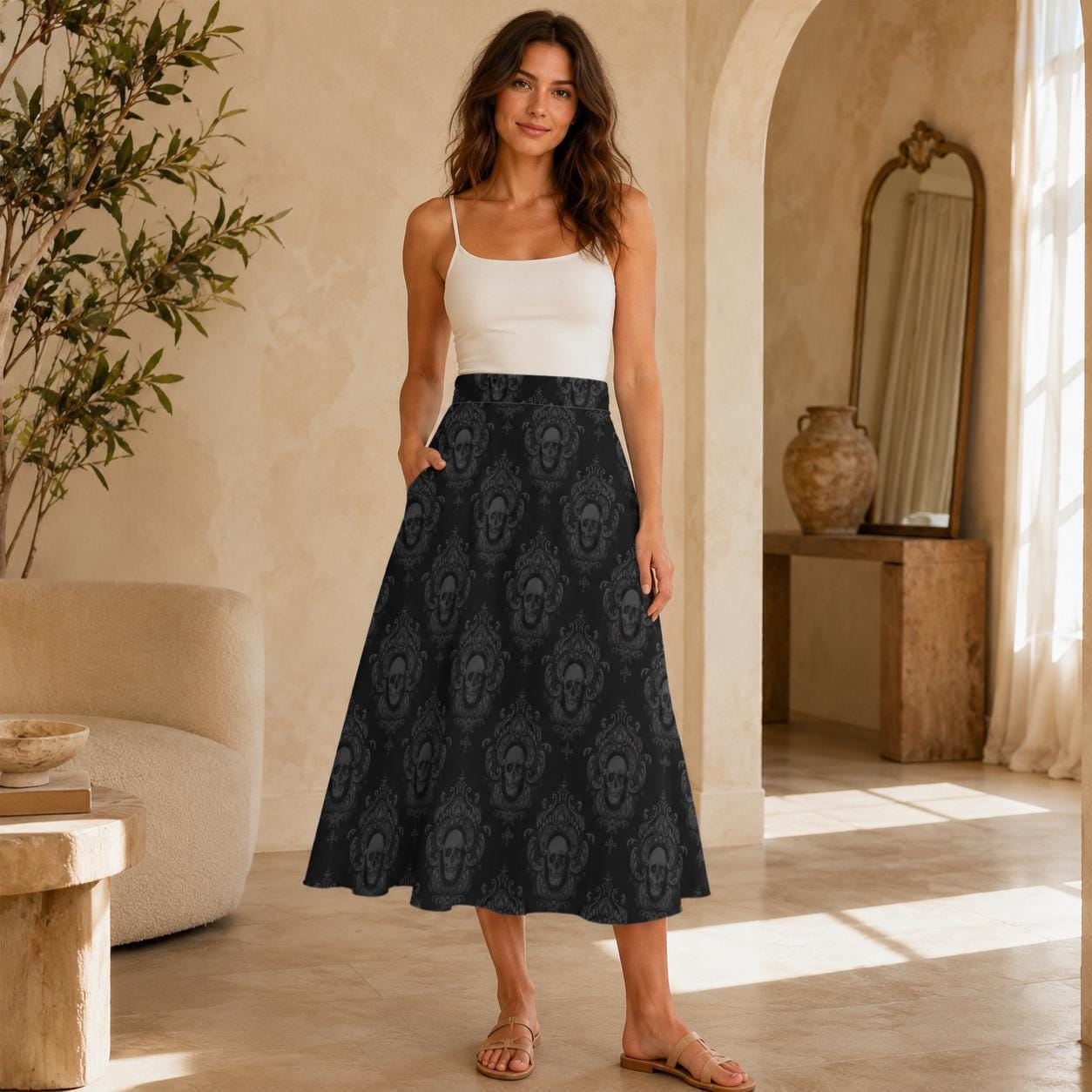 Gothic Damask Midi Skirt, Skull Medallion Print, High Waisted A Line with Pockets
