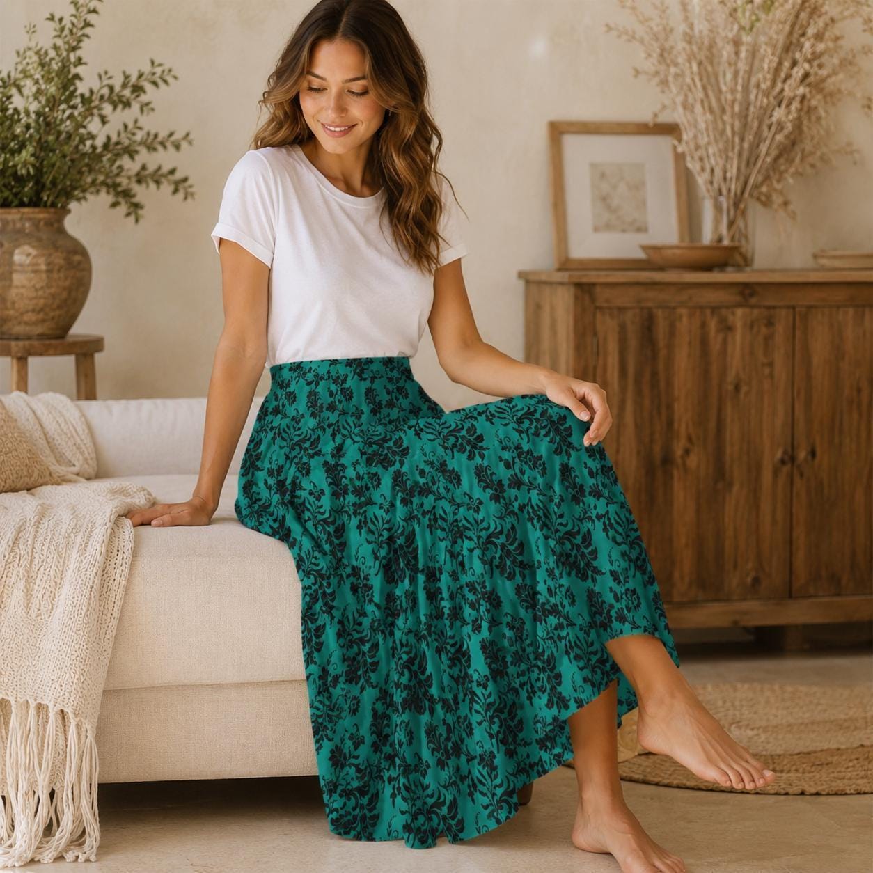 Teal Botanical Maxi Skirt, Black Floral Cottagecore, High Waist Flowy Garden Party