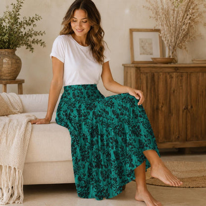 Teal Botanical Maxi Skirt, Black Floral Cottagecore, High Waist Flowy Garden Party