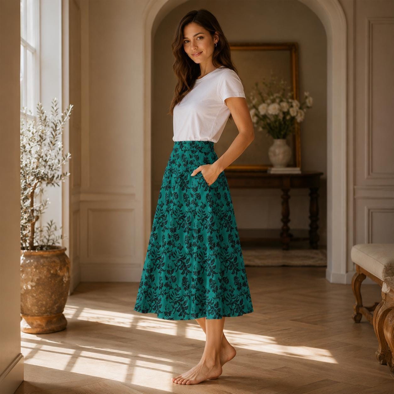 Teal Botanical Maxi Skirt, Black Floral Cottagecore, High Waist Flowy Garden Party