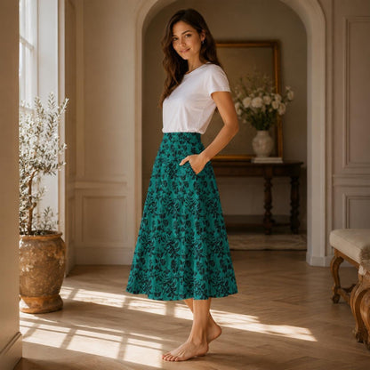 Teal Botanical Maxi Skirt, Black Floral Cottagecore, High Waist Flowy Garden Party